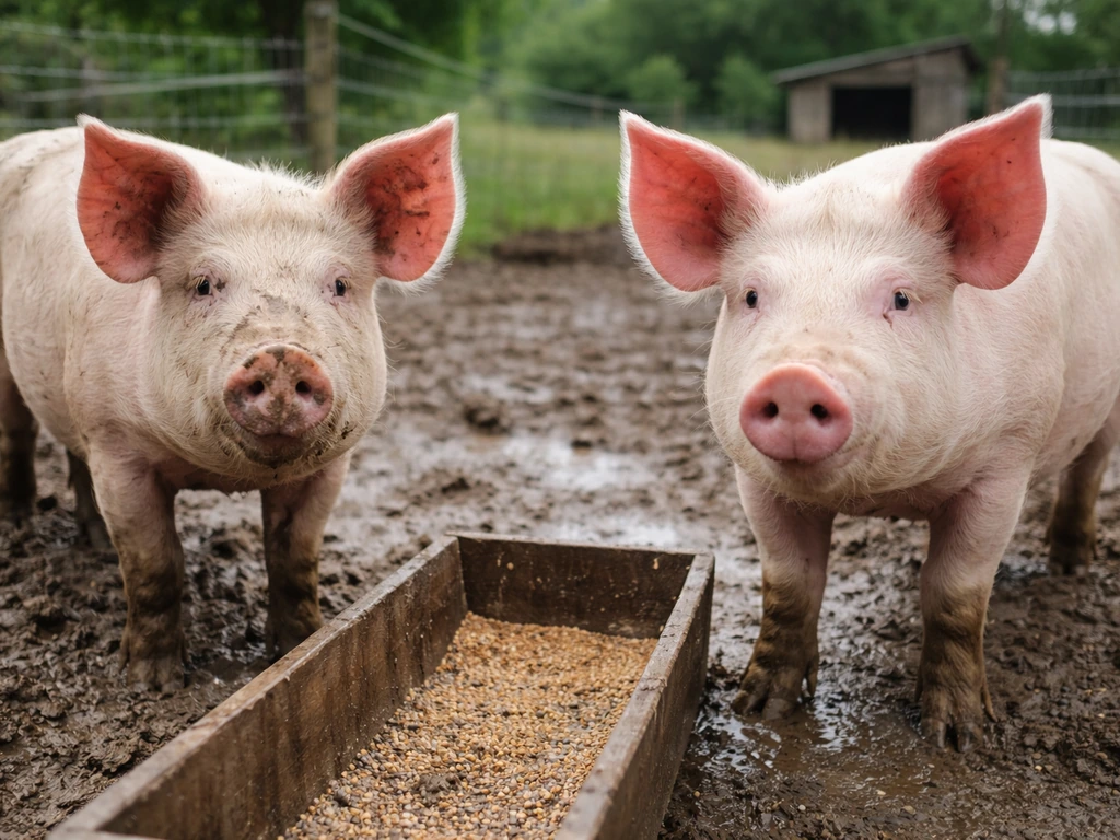 Two farm pigs in a muddy pen, positioned side-by-side to suggest independent truffle yield boosting.