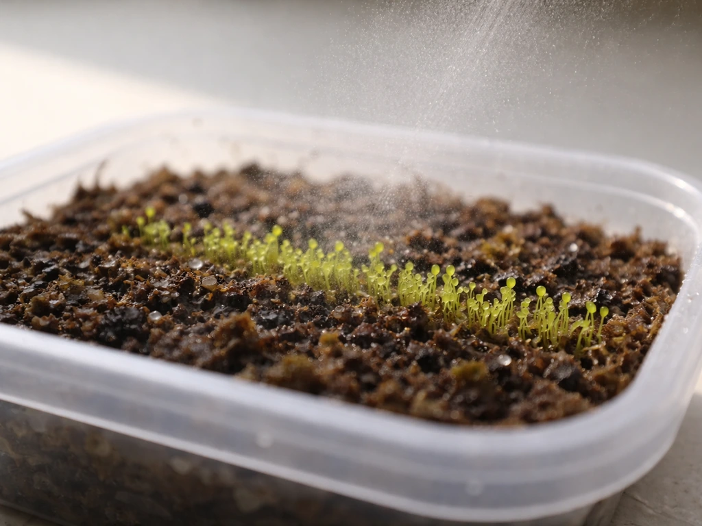Close-up of moist substrate where tiny frond-like sporophytes are emerging, with fresh mist settling.