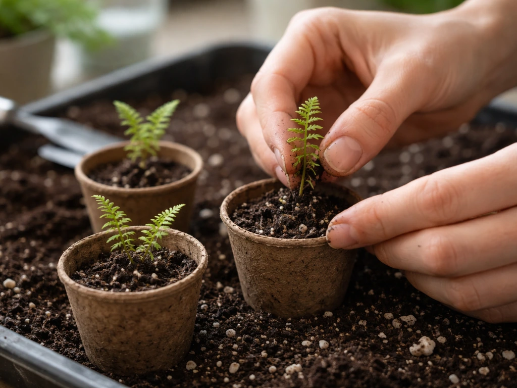 Close-up of tiny fern sporophytes being carefully transplanted into small pots with dark potting mix