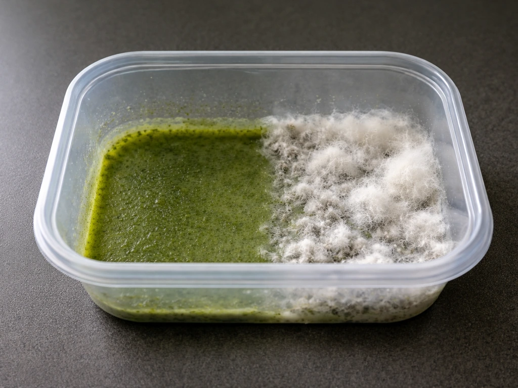 Close-up of a clear container showing thin green algae film and contrasting white fuzzy mold on separate areas.