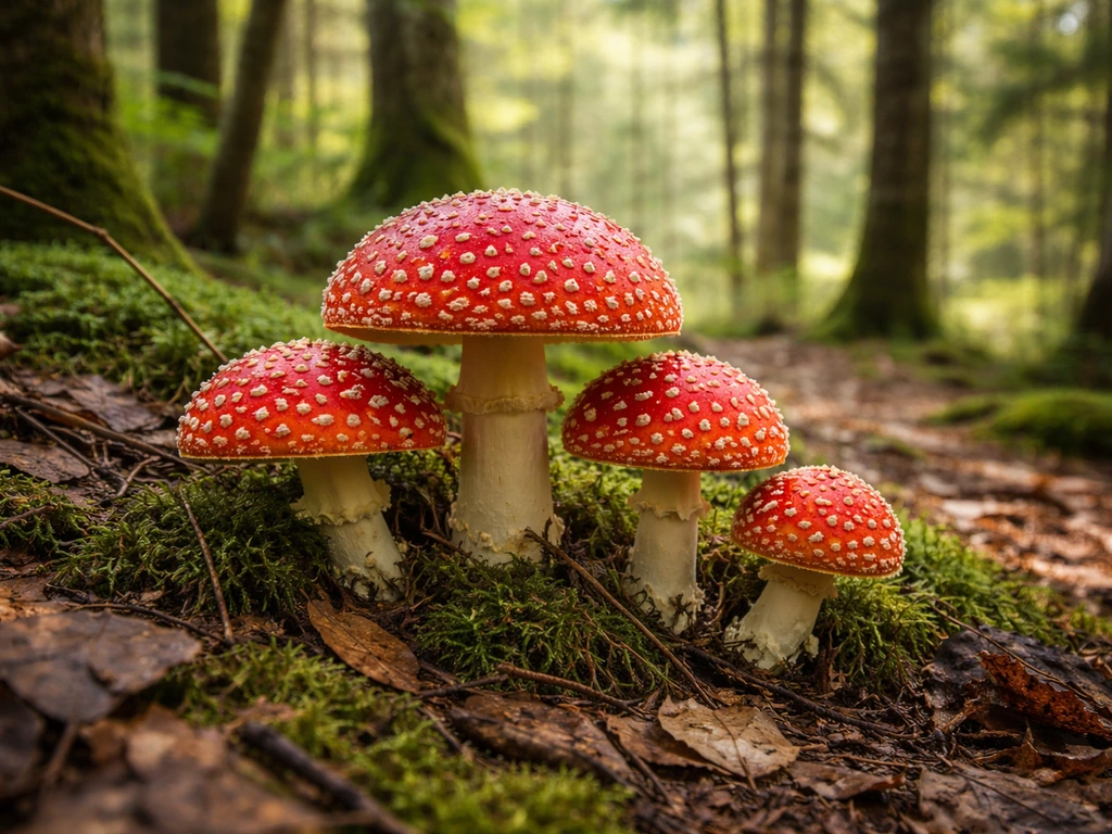 Fly agaric mushrooms with red caps and white speckles growing on a forest floor near living trees