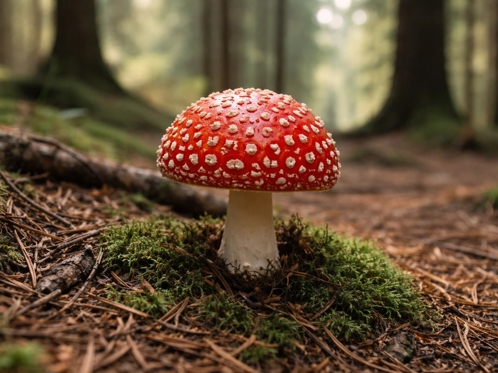A single fly agaric mushroom in moss and leaf litter in a natural forest, softly blurred trees behind.
