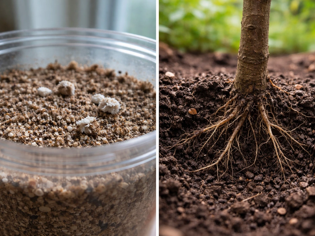 Split indoor jar attempt with no roots vs outdoor seedling root zone in soil with visible fine roots.