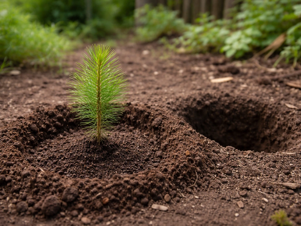 Healthy pine/birch seedling planted in a freshly prepared root zone outdoors, soil ring ready for inoculation