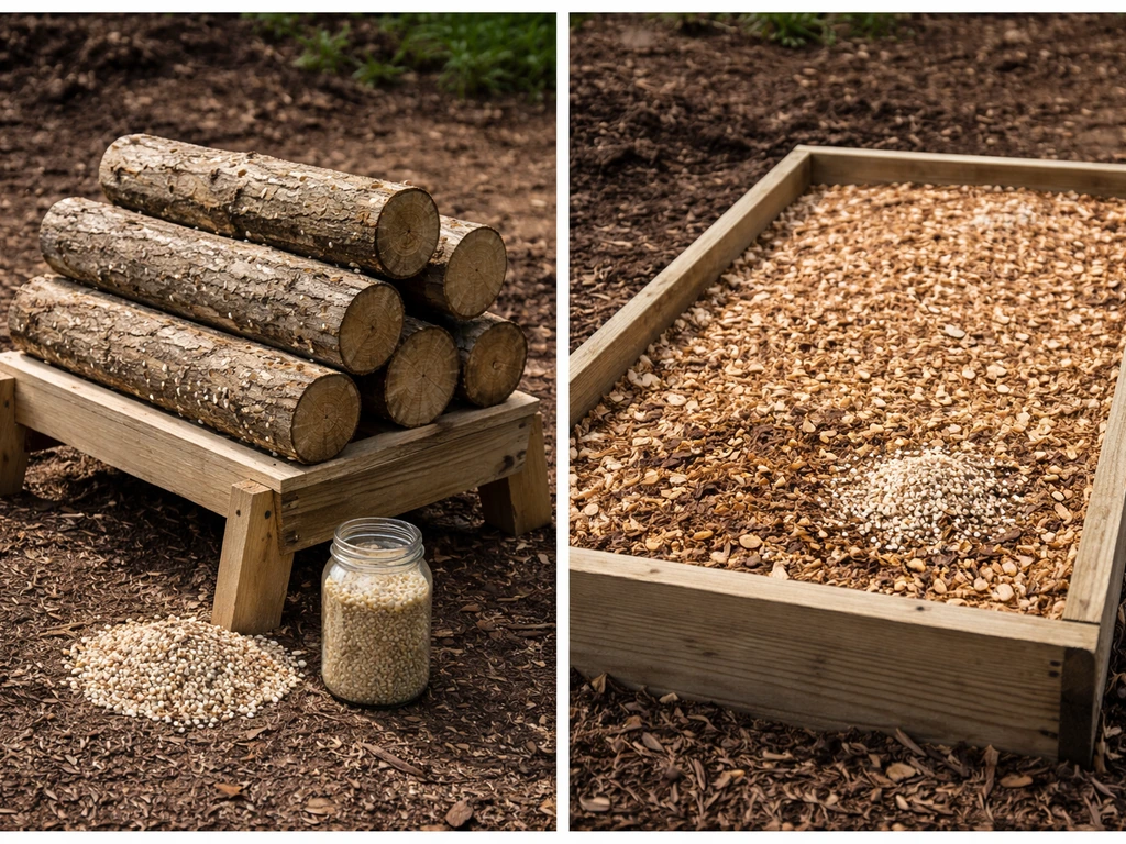 Side-by-side outdoor setup: inoculated logs on one side and a wood-chip/sawdust bed ready for lion’s mane on the other.