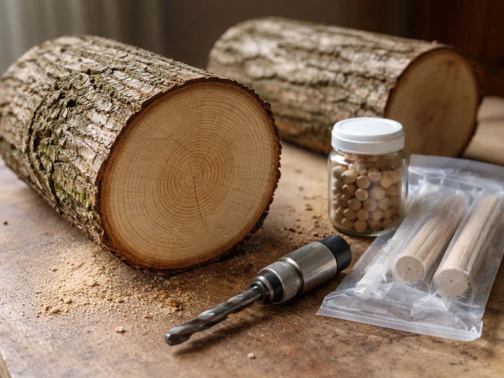 Fresh hardwood logs with clean bark and inoculation tools laid out nearby.