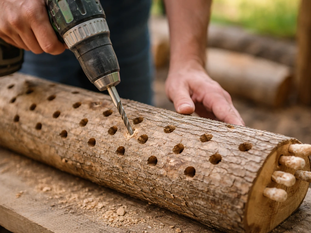 Close-up of a log being drilled in a diamond-pattern and lion’s mane spawn plugs inserted