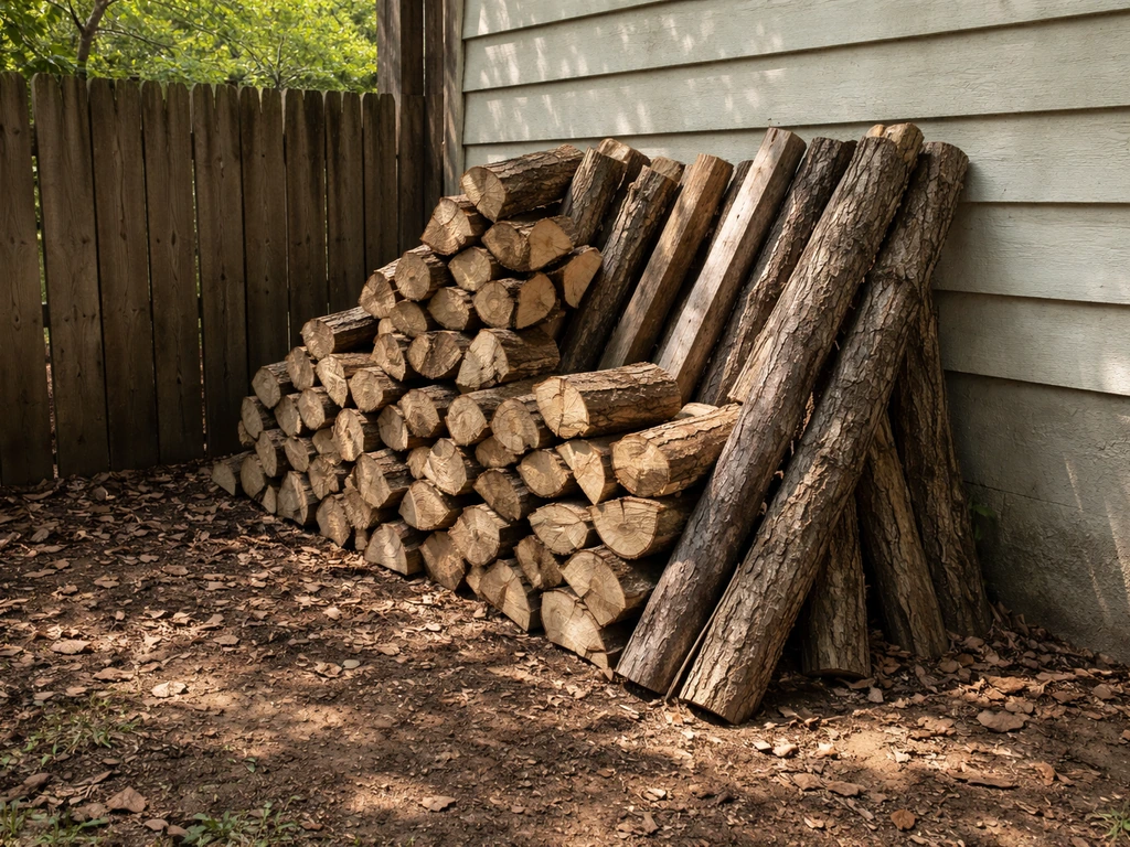 Stacked firewood logs arranged in partial shade against a fence, with airflow gaps between pieces.