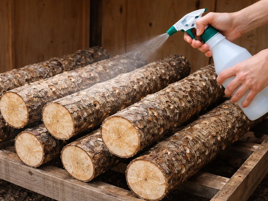 Hands gently mist pale lion’s mane logs with fine spray in an uncluttered growing area.