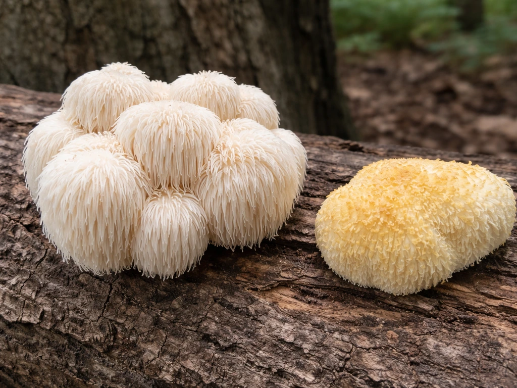 Fresh white/cream lion’s mane mushrooms on a log, with a nearby yellowing piece to show overripe signs.