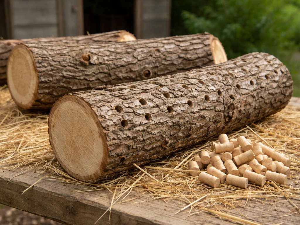 Fresh oak logs with bark intact on a workbench, showing shiitake log-prep for inoculation.