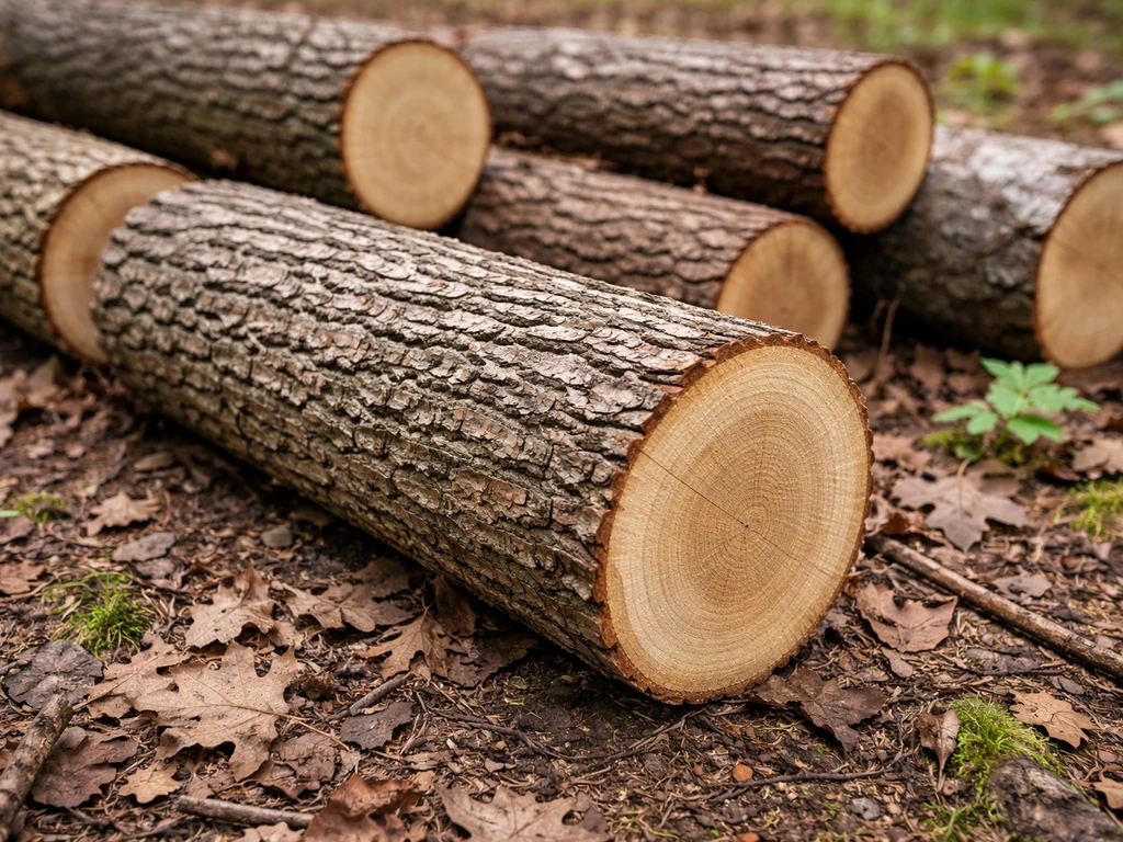 Close-up of cut oak logs with intact bark and visible diameter, ready for shiitake inoculation.