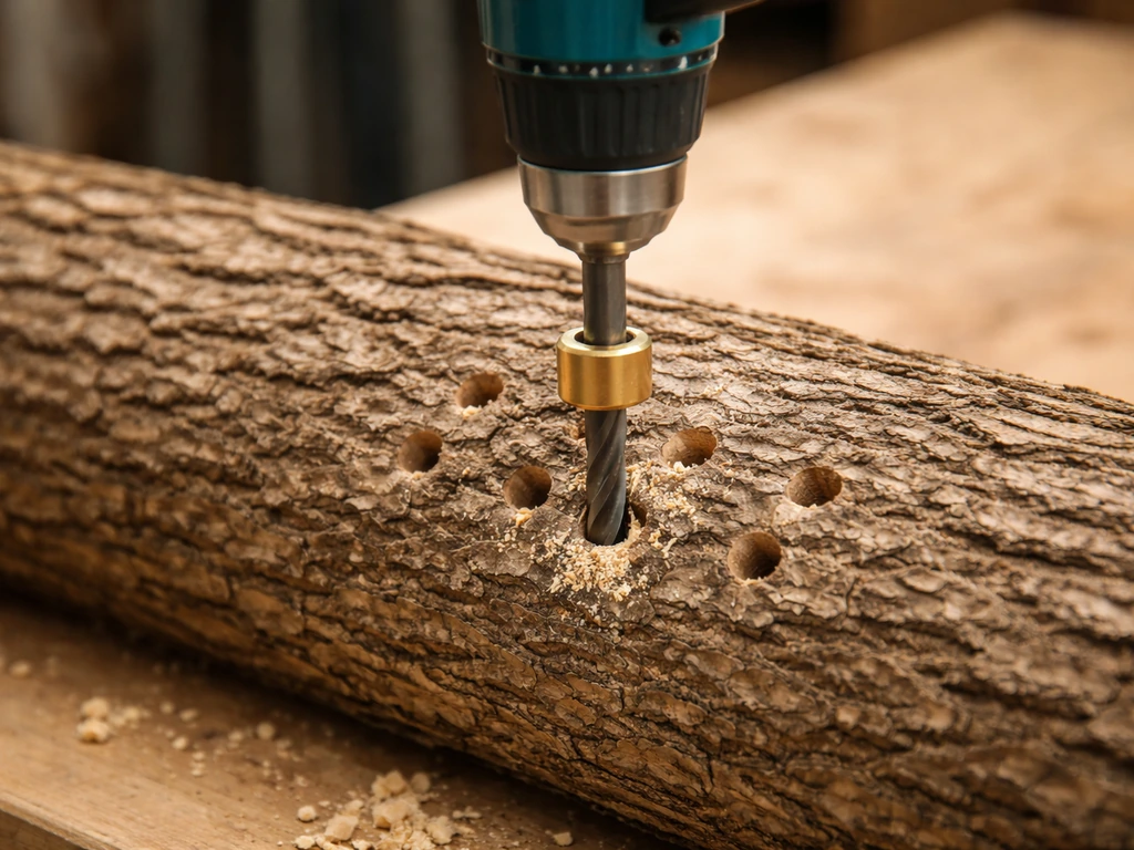 Close-up of an oak log on a workbench as a drill bit bores shallow holes into the bark.