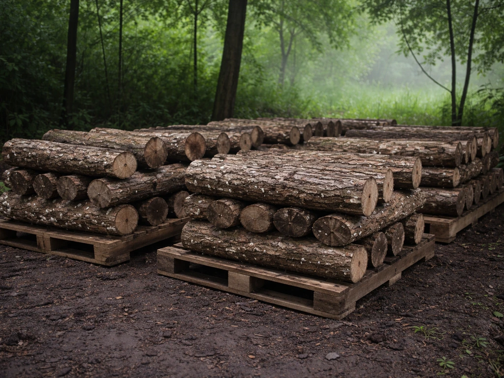 Stacked logs on wooden pallets in a shaded, humid outdoor incubation area with soft natural light.