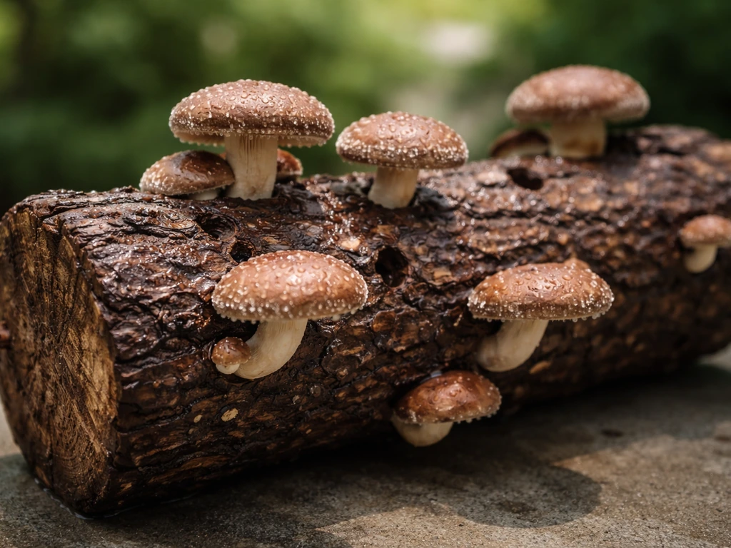 Fresh shiitake mushrooms emerging from a soaked log, moist bark and new caps in focus.