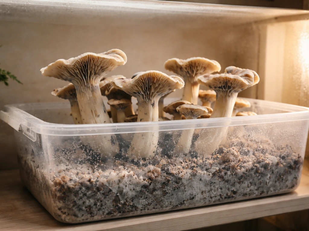 Healthy wavy Tidal Wave mushrooms growing from a CVG fruiting tub inside a humid home fruiting chamber.