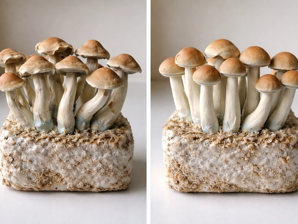 Side-by-side close-ups of two mushroom clusters showing waviness in one vs uniform look in the other.