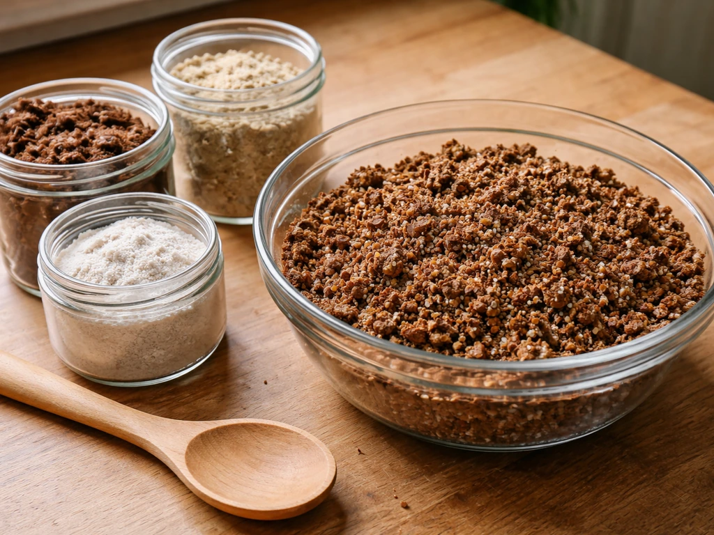 Close-up of bowl containing mixed CVG substrate with coco coir, vermiculite, and gypsum in small containers nearby.