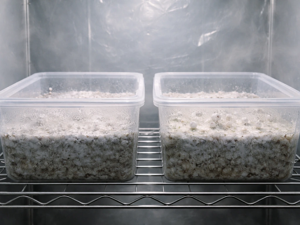 Two sterile translucent fruit tubs in a humid chamber showing early pin failure and later recovery stage