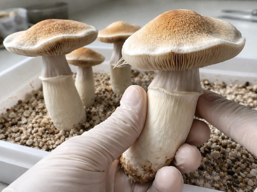 Gloved hands harvest opening Tidal Wave mushrooms on a clean tray, veil just beginning to tear.