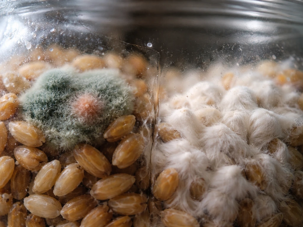 Close-up of grain with green and pink mold patches beside nearby healthy white mycelium growth.