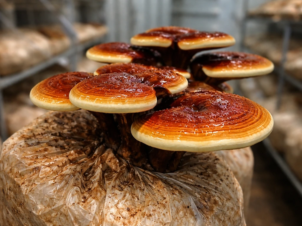 Glossy reddish-brown reishi mushrooms growing from a cultivated substrate block in a clean grow room.