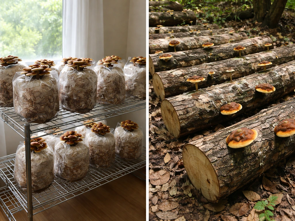 Split view: indoor reishi grow bags on a rack vs outdoor inoculated logs under shade.