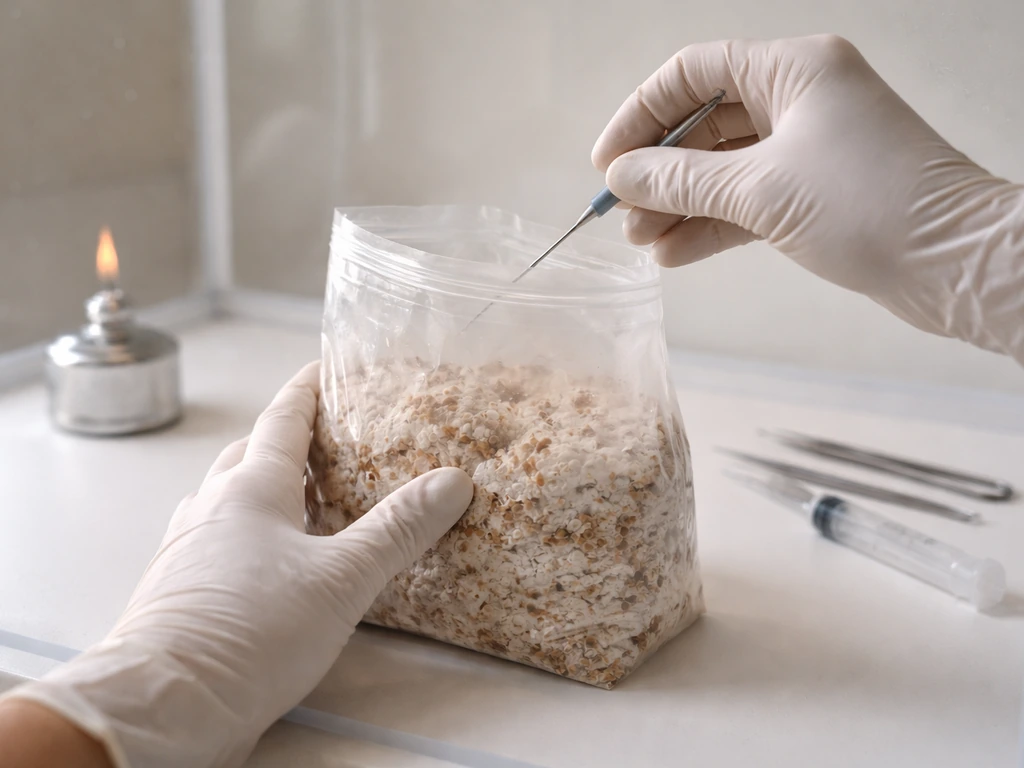 Gloved hands inoculating a reishi grow bag inside a clean still-air box.