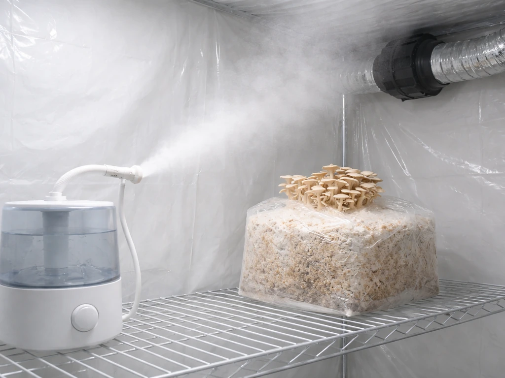 Humidifier misting and ventilation near a single mushroom fruiting block in a clean grow room.