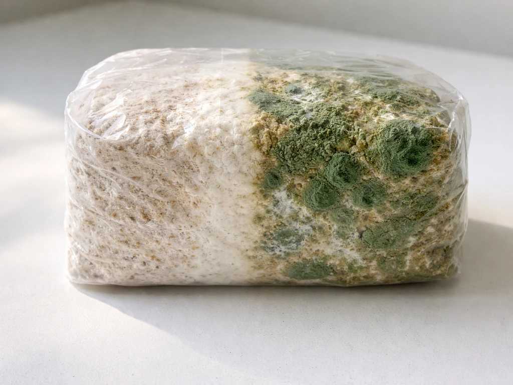 Reishi block on a bench showing healthy white mycelium beside visible green mold contamination.