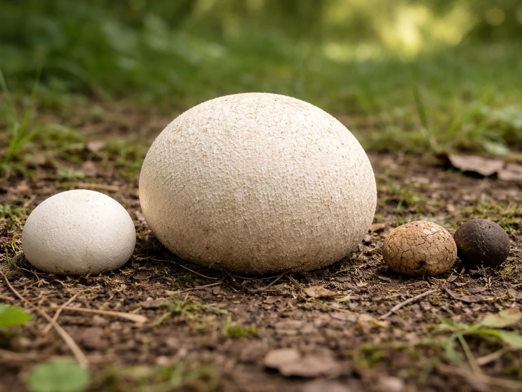 Side-by-side mushrooms: large puffball on meadow soil with small egg-shaped puffball and small brown non-target lookalik