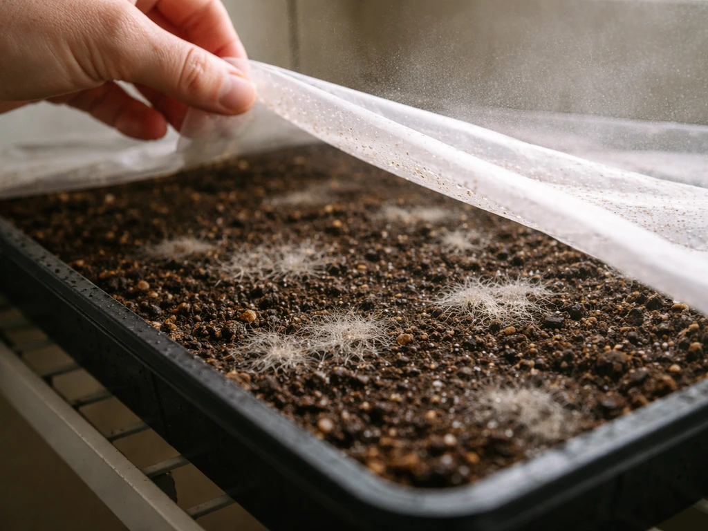 Close-up of a mushroom grow bed with moist substrate and faint white mycelium threads under misty humidity.