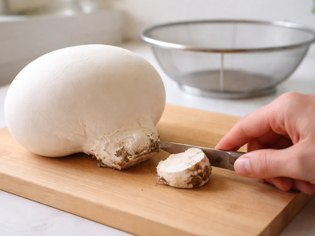 Fresh fully white puffball on a cutting board as a hand trims it and prepares clean storage.
