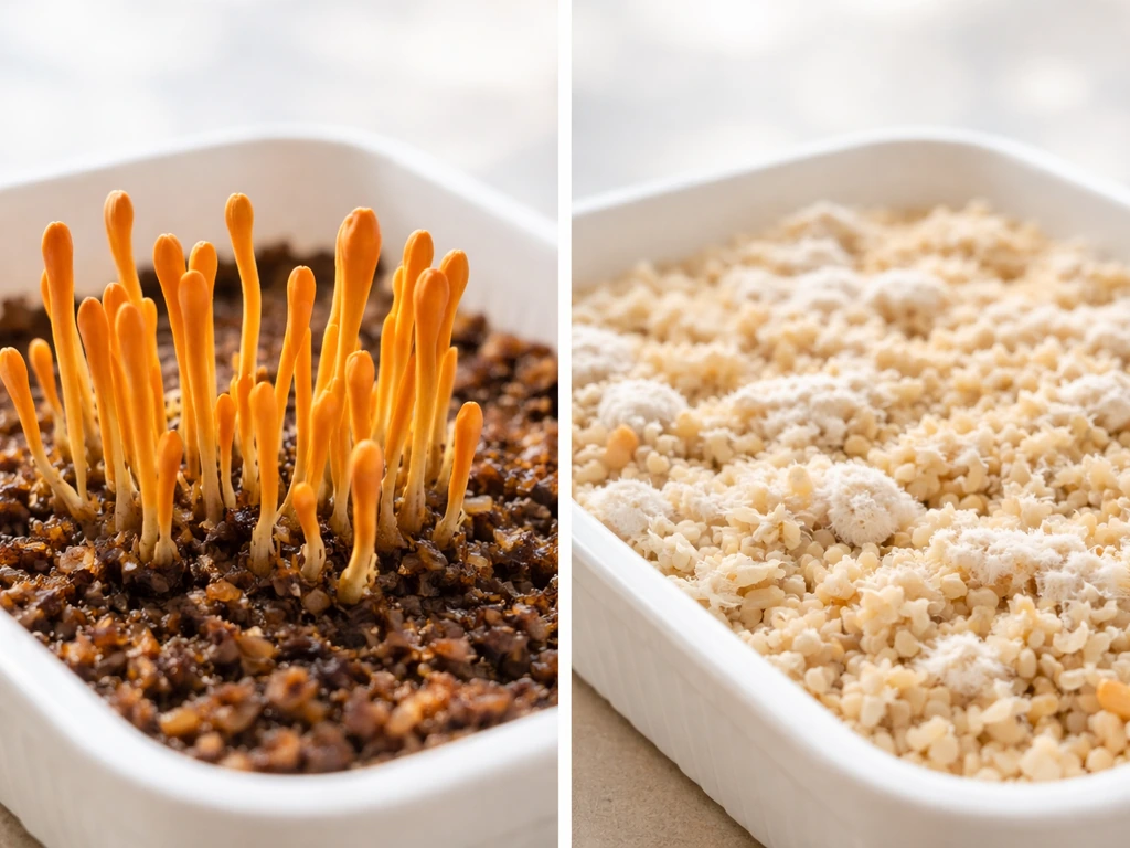 Close-up split view of Cordyceps militaris stromata vs Cordyceps sinensis cultivated mycelium on trays