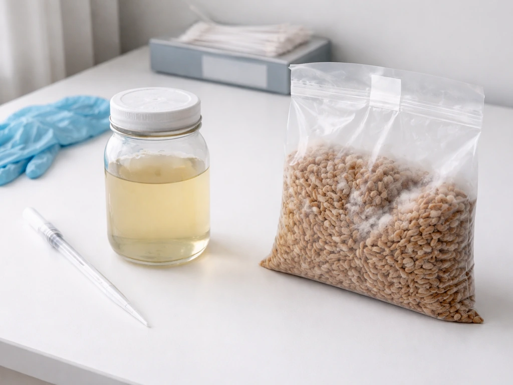 Clean countertop with liquid culture jar and grain spawn bag side-by-side, ready for inoculation.