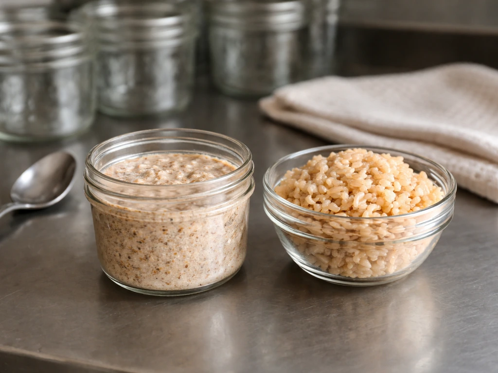 Close-up of brown rice flour mix and cooked rice in two jars and a bowl on a clean countertop.