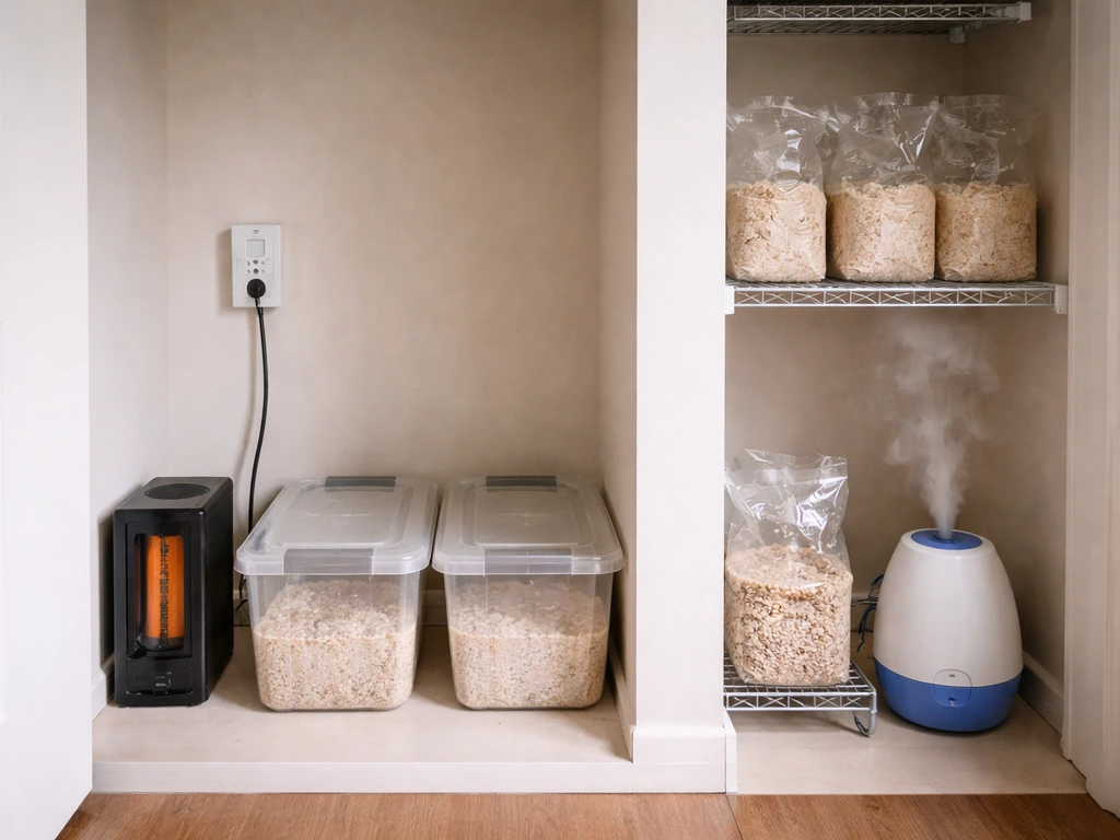 Minimal closet indoor grow setup showing separated colonization and fruiting areas with temperature control.