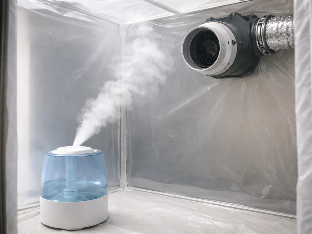 Ultrasonic humidifier mist rising in a small fruiting chamber with an air-vent fan for airflow