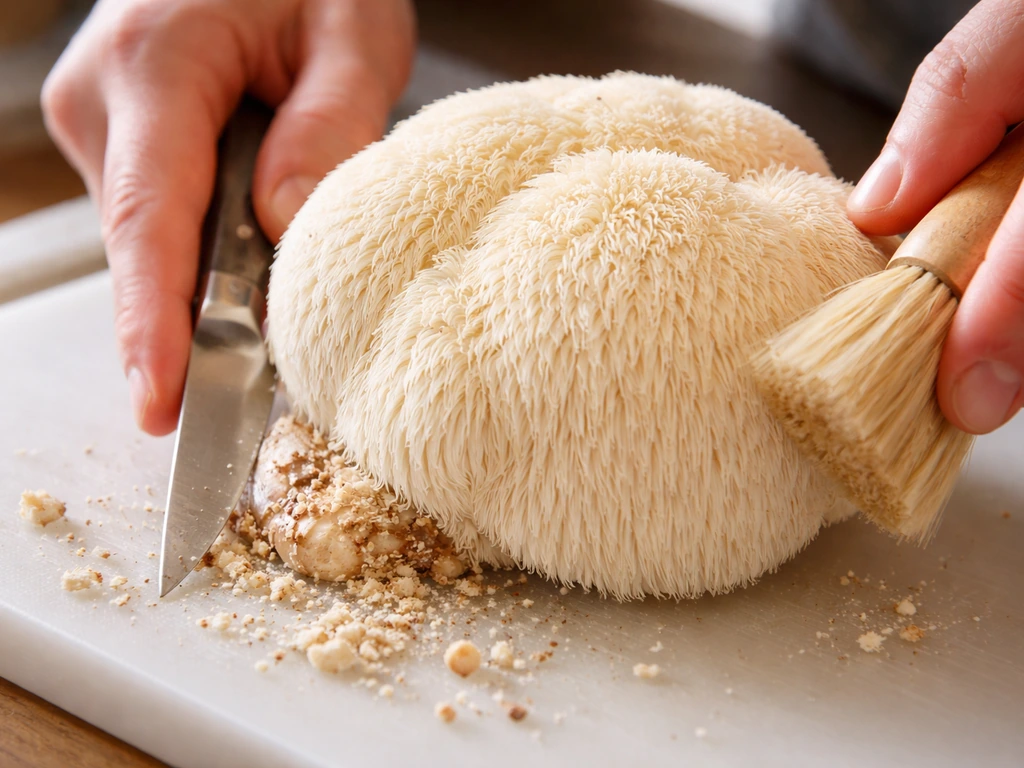 Lion’s mane mushroom being gently cleaned and trimmed at the base with a knife and soft brush.