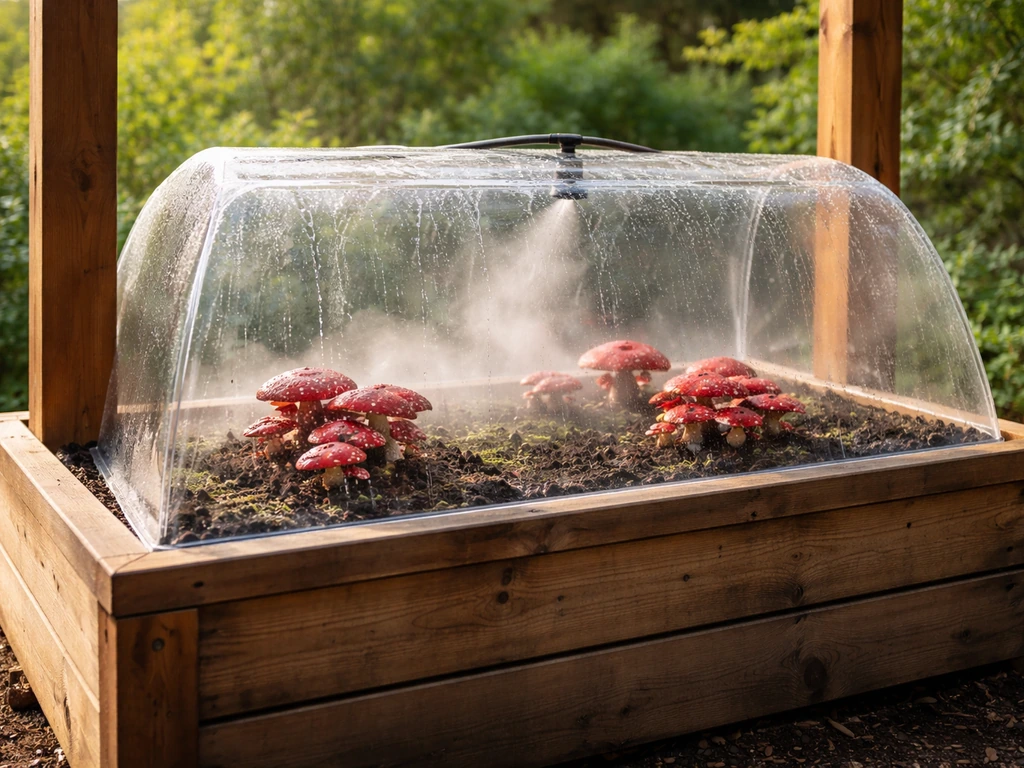 Overworld-style outdoor grow bed with crimson fungus-like growth under a clear humidity-controlled enclosure.