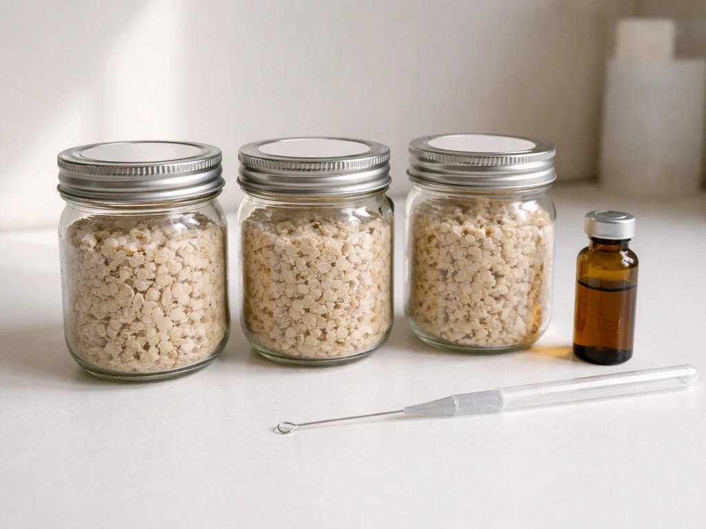 Prepared mushroom substrate jars and a liquid culture vial with an inoculation tool on a clean work surface