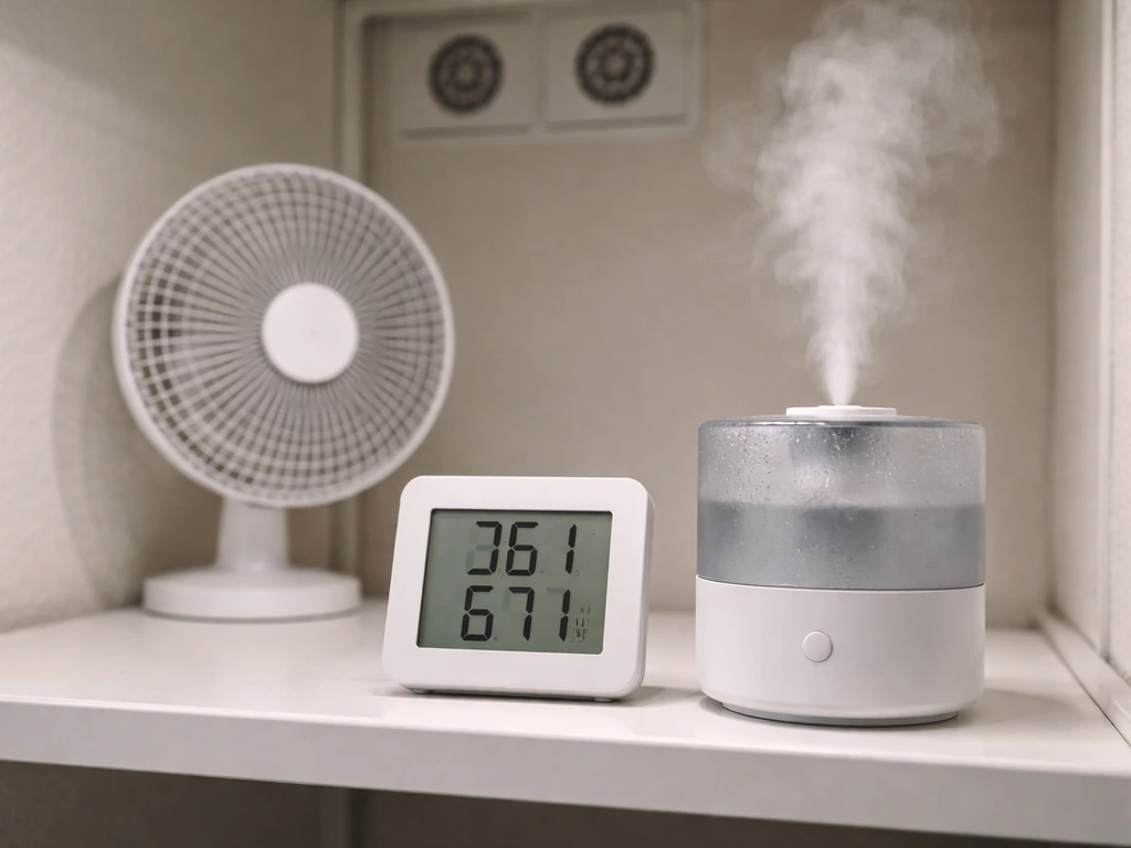 Close-up of a digital thermometer/hygrometer beside a small humidifier and a circulating fan for grow-room control.