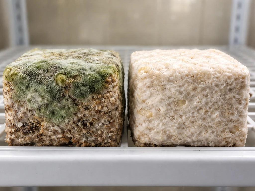Side-by-side blocks in a grow setup: one with visible green mold and one healthy colonized block.