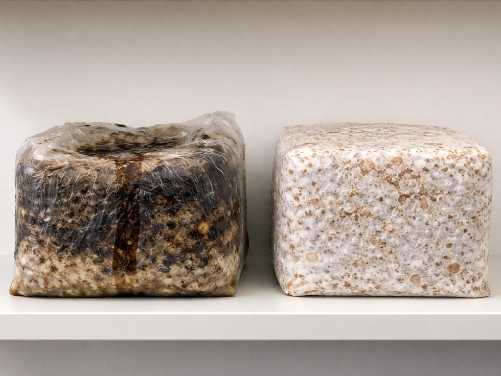 Side-by-side mushroom substrate blocks: one wet anaerobic rot, the other evenly colonizing and dry.