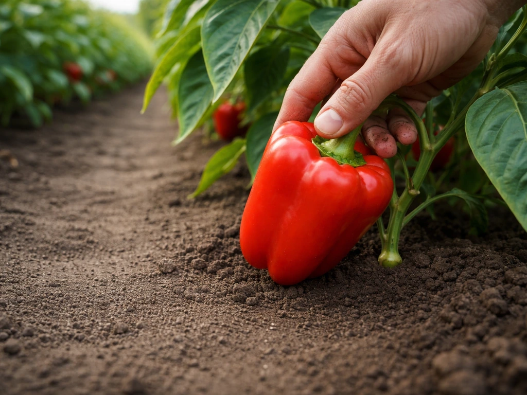 Hand twist-and-pull harvest of a fruit beside a cleaned crop block surface, with fresh plants in the background.