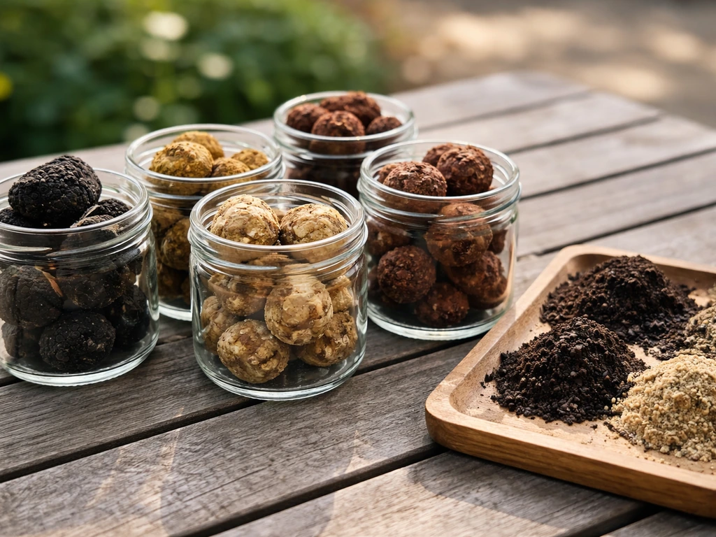 Close-up of truffle varieties in glass jars beside a simple garden soil sampler on a wooden table.