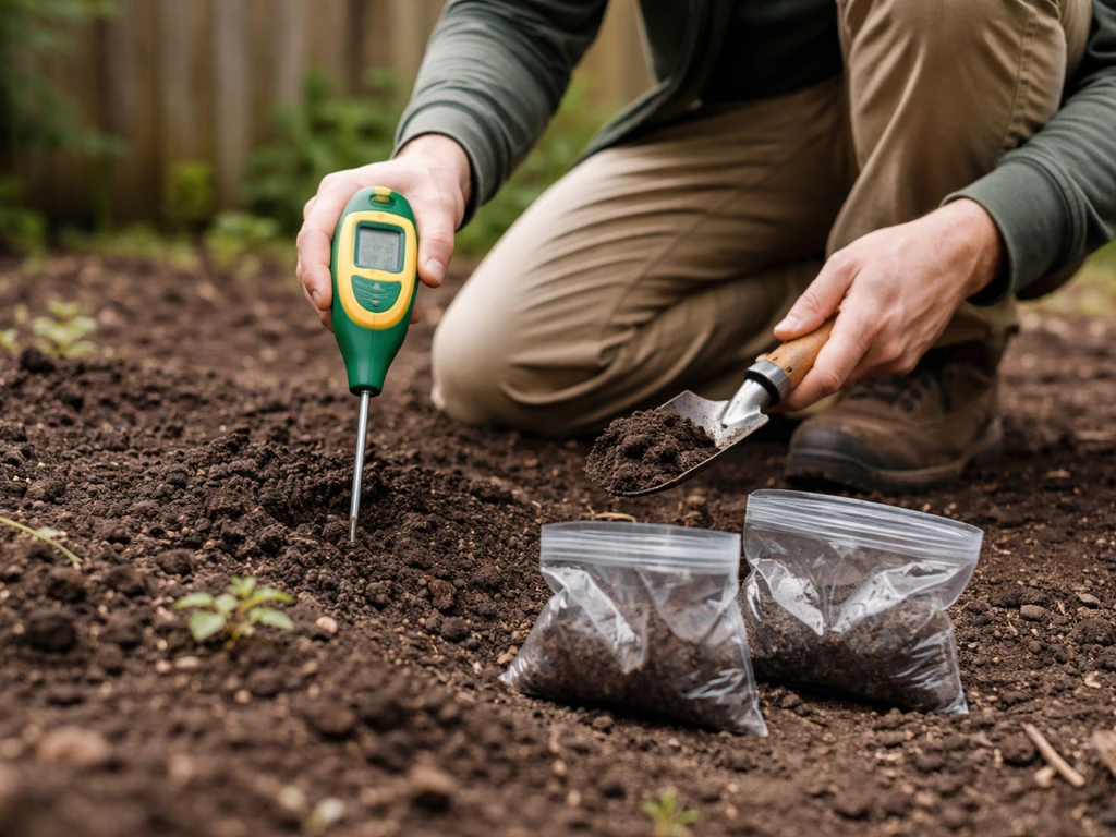 Gardener outdoors testing soil pH with a hand pH meter and collecting sample bags for tree planting.