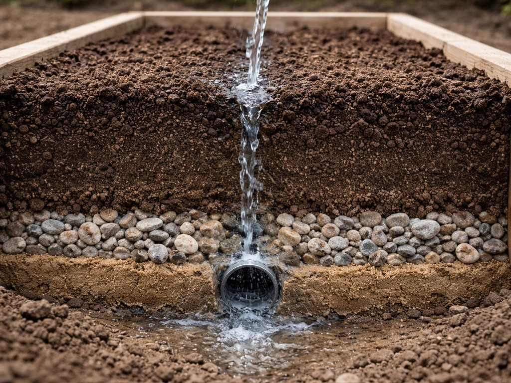 Close view of a raised bed soil cross-section showing crushed stone drainage and water flowing away