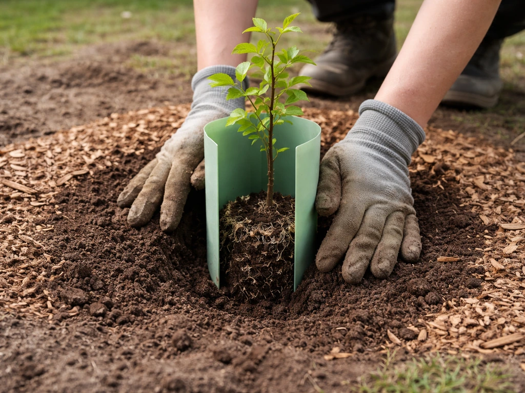 Hands planting an inoculated host tree in a small hole with mulch and a protective tree guard nearby.