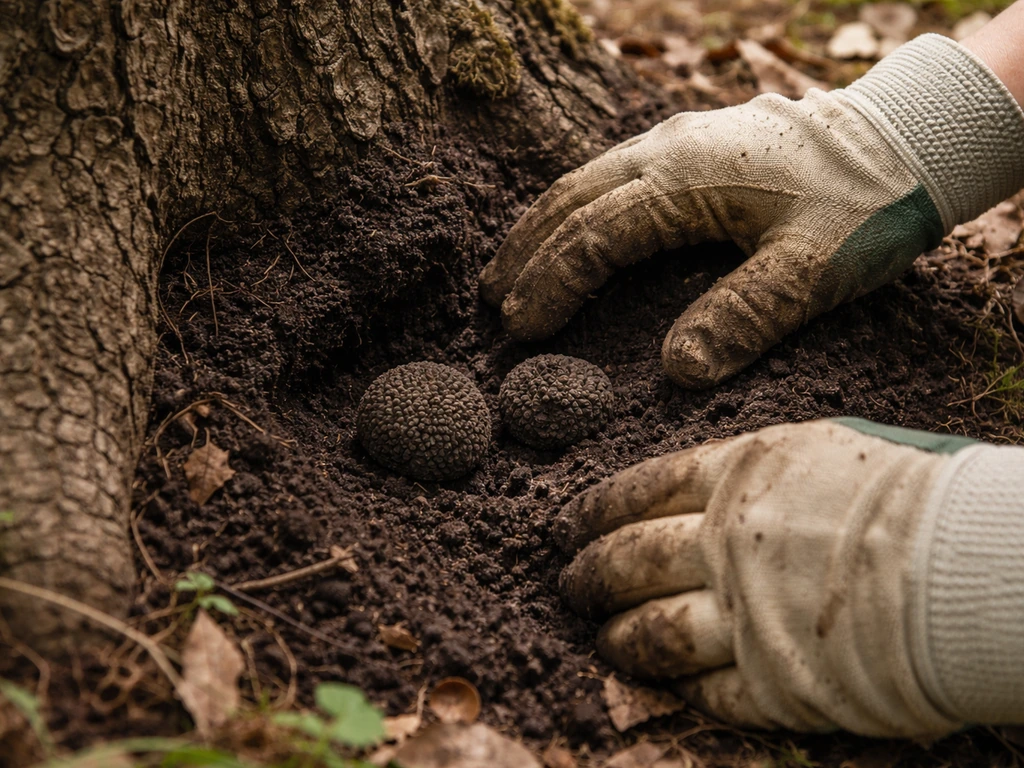 Gloved hands carefully uncovering truffles from soil at the base of an oak tree.
